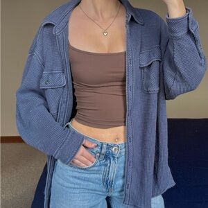 Aerie Blue LumberJane Waffle Knit Oversized Shacket Button Up